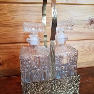 Lot-B62 Pair of Art Deco Liquor Crystal Glass Decanters w/ Holster
