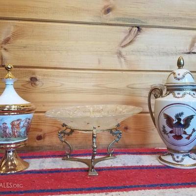 Lot-B56 3 Pc Glass & Porcelain Lot Mixed Gold Trim Decorative Vases & Bowl