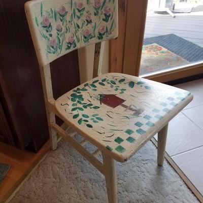 Lot-B13 Single Distressed Painted Wooden Chair w/ Birdhouse Design