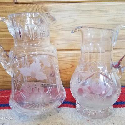 Lot-B15 Pair of 2 Pc Frosted Etched Glass Crystal Pitchers