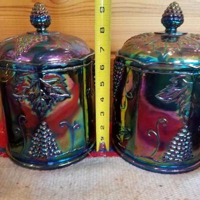 Lot-B14 4 Pc Indiana Carnival Glass Iridescent Harvest Grape Canister Jars