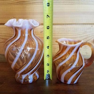Lot-B17 2 Pc Optic Cameo Swirl Fenton Glass Set Mini Pitcher & Vase