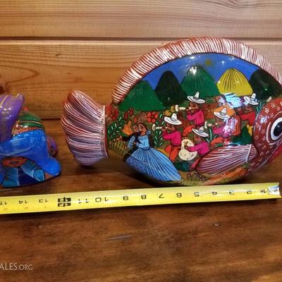 Lot-C2 2 Pc Talavera Mexican Pottery Hand Painted Cat & Fish Decorative Figures