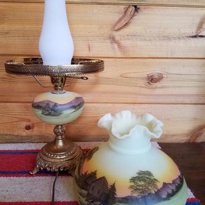 Lot-B44 Vintage Hand Painted Fenton Gone W/ the Wind Hurricane Lamp