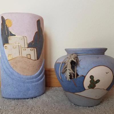A4 2 Pc Southwest Pottery Artist Signed Decorative Vases