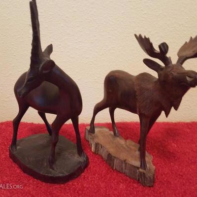 Lot-C16 2 Pc Carved Ironwood Figures Gazelle & Moose