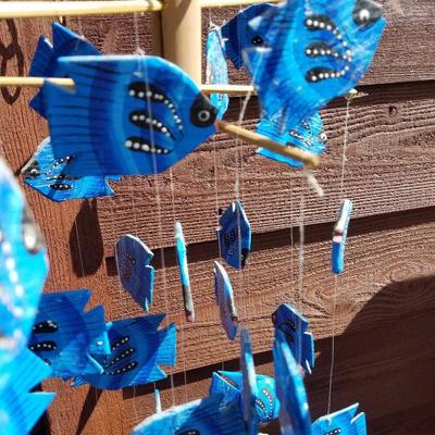 Lot-B42 Blue Wooden Painted Fish Wind Chime 