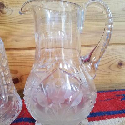 Lot-B15 Pair of 2 Pc Frosted Etched Glass Crystal Pitchers