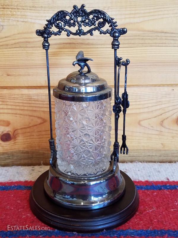 LotB43 Vintage Ornate Silverplate & Glass Sugar Cube Jar w/ Tongs