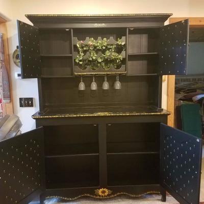 Lot-C1 2 Pc Le Coq Hand Painted Wine Bar Hutch Country Decor 82.5x60x18