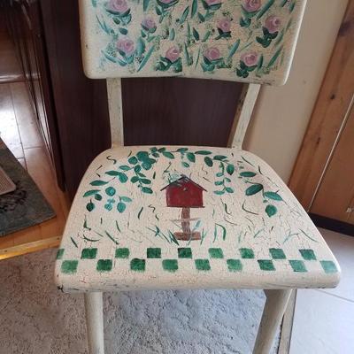Lot-B13 Single Distressed Painted Wooden Chair w/ Birdhouse Design