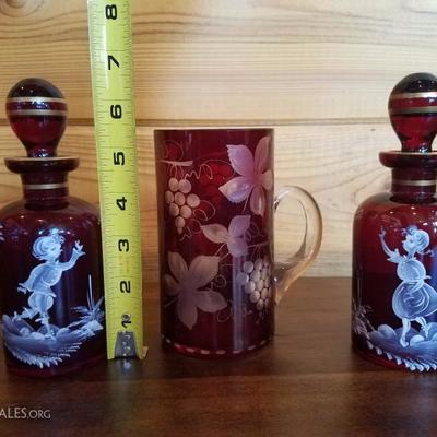 Lot-B27 Mary Gregory Fenton Jars w/ Stoppers & Cut to Clear Red Mug
