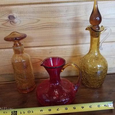 Lot-B28 Mid Century Modern Red & Amber Crackle Glass Collection 3 Pc