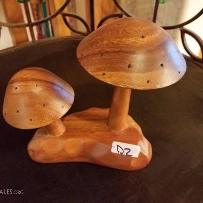 Lot-D2 Vintage Double Mushroom Appetizer Pick Holder Monkey Pod Wood 