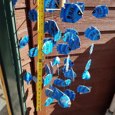 Lot-B42 Blue Wooden Painted Fish Wind Chime 