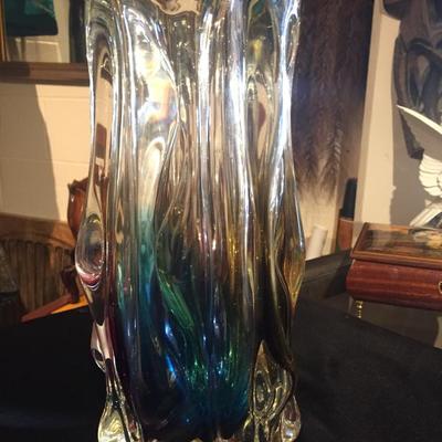 Unique Shaped Ruffled up Blue Green Clear Glass Vase