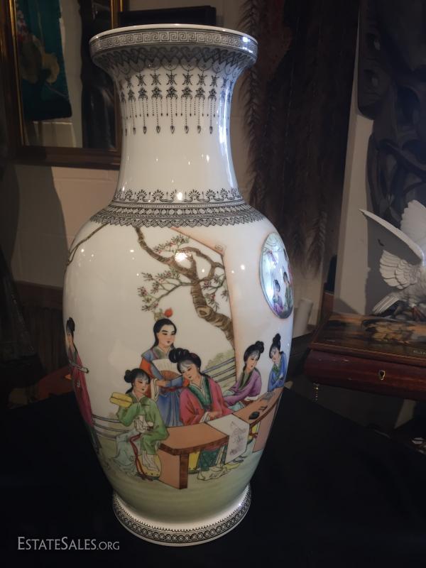 Chinese White Procelain Vase Women Writing
