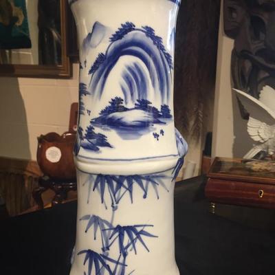 Pair White Vase w/ Blue Scenic and Bamboo designs