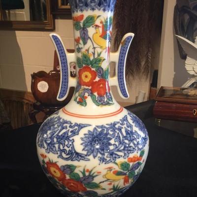 Antique Porcelain Vase w/ handles Red Flowers, Birds, Blue Designs