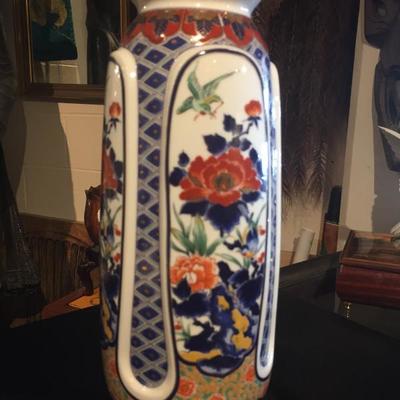 Chinese Porcelain Vase w/ Red Flowers & Blue Leaves