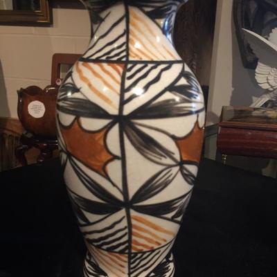 Small Porcelain Vase w/ black, brown, orange color pattern decor