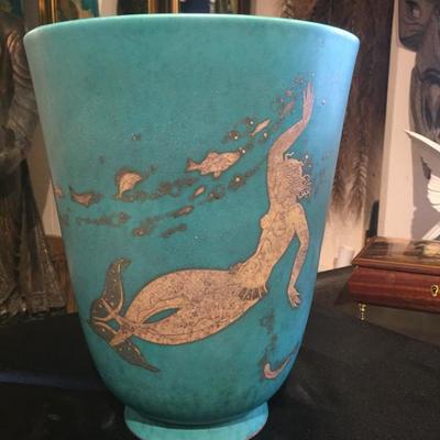 Aquamarine Mermaid Art Deco Vase Wide Mouth