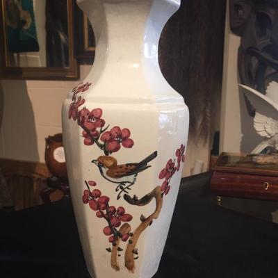 Whit Hexagon Shaped Vase with bird on cherry blossom branches