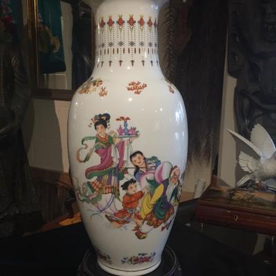Big White Family Scenery Porcelain Vase w/ Wooden Base