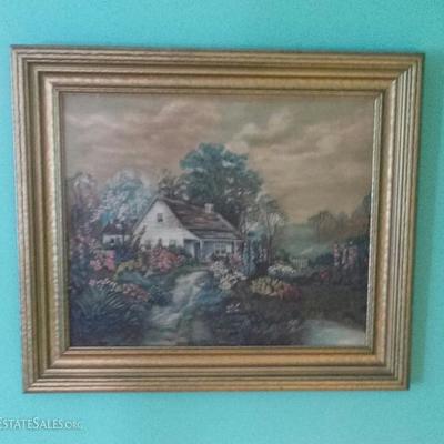 Lot 13 - Oil on Board Painting of Cottage Meadow Scene