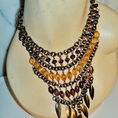 Vtg ethnic brass metal waterfall necklace tiger eye  beads shells