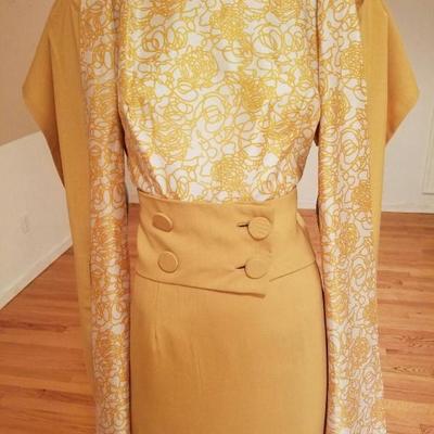 Vtg Swirl 1960's silk dress matching detailed reversible shawl