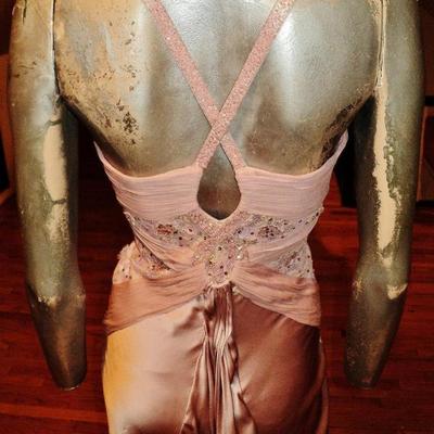 Vtg lavender silk couture halter gown shirred chiffon Train embellished