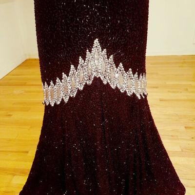 Vtg silk Mermaid gown fully beaded with onyx & silver glass beads 
