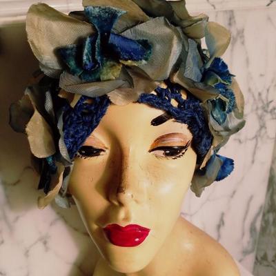 Vtg 1940's Toque turban crochet hat millinery flowers
