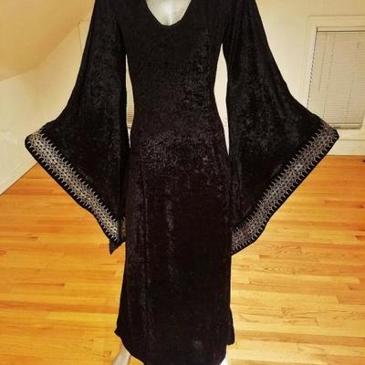 Vtg 1970's mexican burnout velvet Caftan with hood gold painted trim