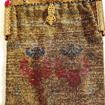 Antique Edwardian French Jeweled micro beaded gilded bag w/ fringes