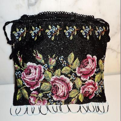 Vtg French antique micro beaded floral evening bag drawstring handle