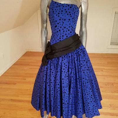 Vtg 1970 single shoulder shantung azul party dress velour polka dots sash bow