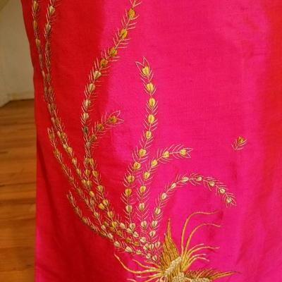 Vtg Cheongsam Silk high slit maxi gold Phoenix embroidery