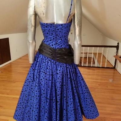 Vtg 1970 single shoulder shantung azul party dress velour polka dots sash bow