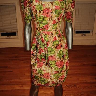 Vtg painted print wiggle beaded sequin semi wrap dress side tie 