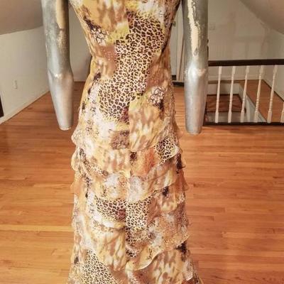 Animal Print  silk chiffon layered ruffle gown draped plunge cross neck line