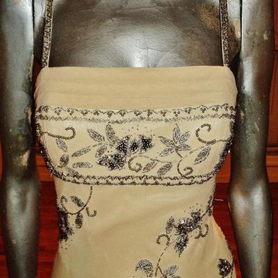 Vtg Sue Wong layered silk handkerchief dress silver beaded on antique chiffon