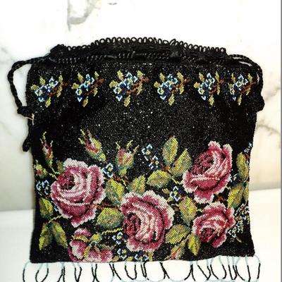 Vtg French antique micro beaded floral evening bag drawstring handle