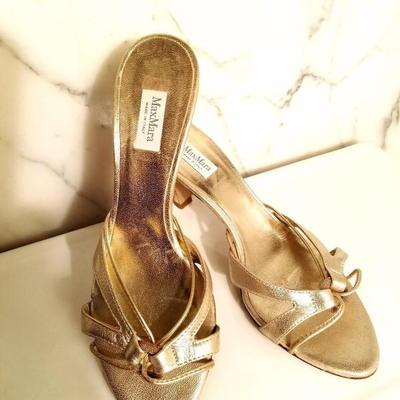 Vintage Max Mara  Runway Gold leather heeled mules open back 