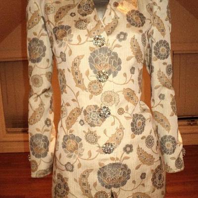 Vintage Albert Nipon Couture ensemble raised brocade silver gold sequin skirt  