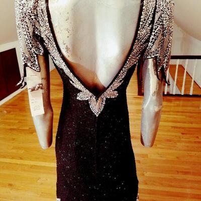 Vtg silk Mermaid gown fully beaded with onyx & silver glass beads 