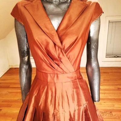Kay Unger New York silk bronze wiggle dress tie back cross front