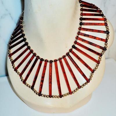 Vtg Egyptian revival Cleopatra look tortoise & golden beads Artisan handmade