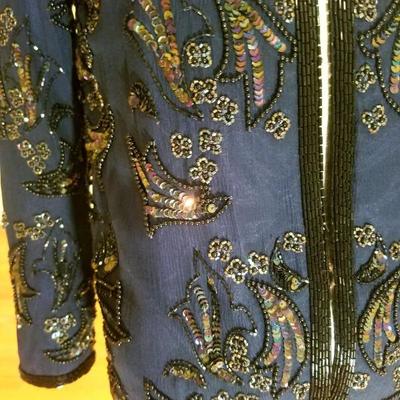 Vintage Cobalt blue silk embellished beads/sequins tunic open Jacket 